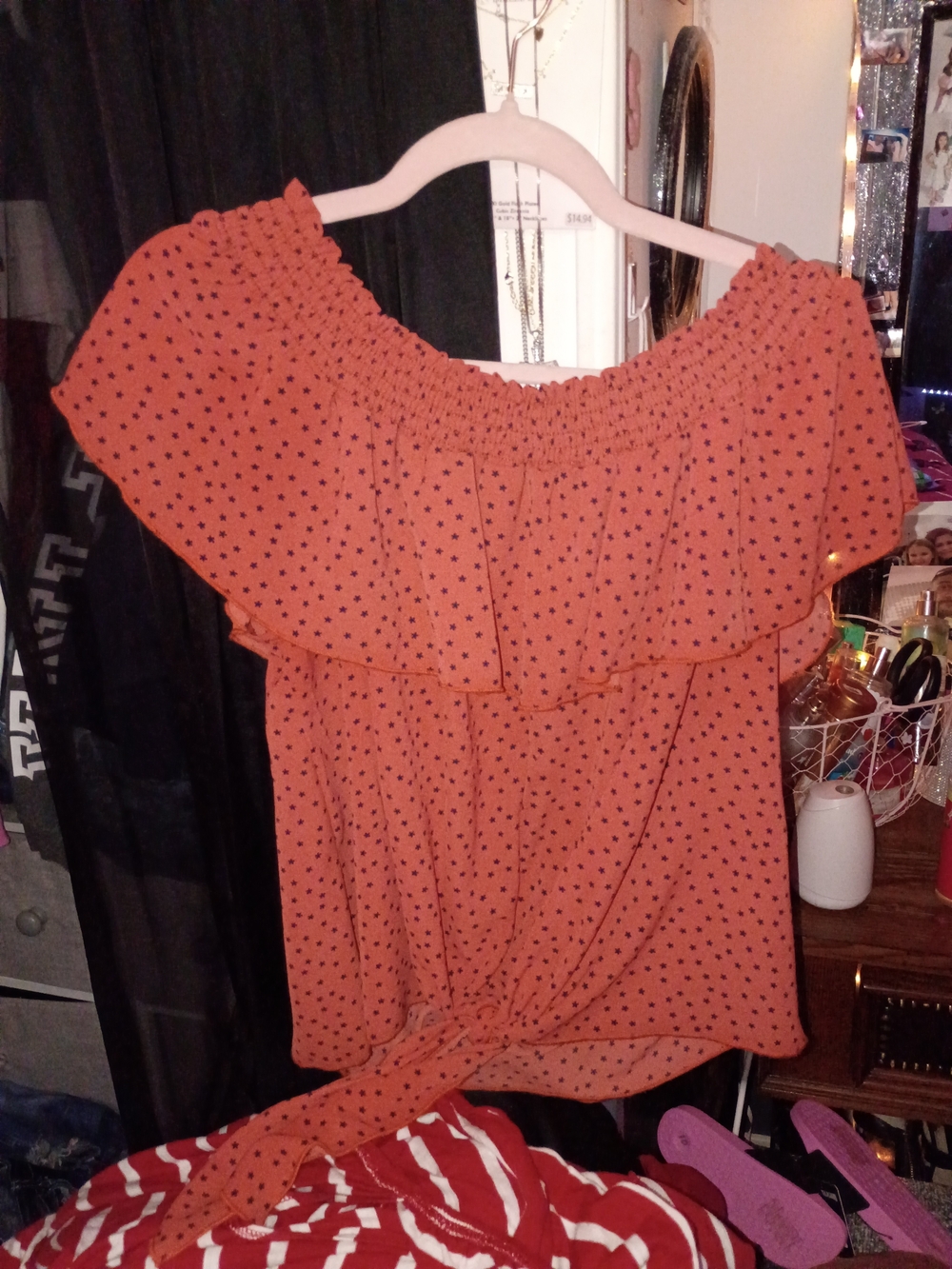 Polka Dot Off-Shoulder Tie-Hem Blouse in Rust